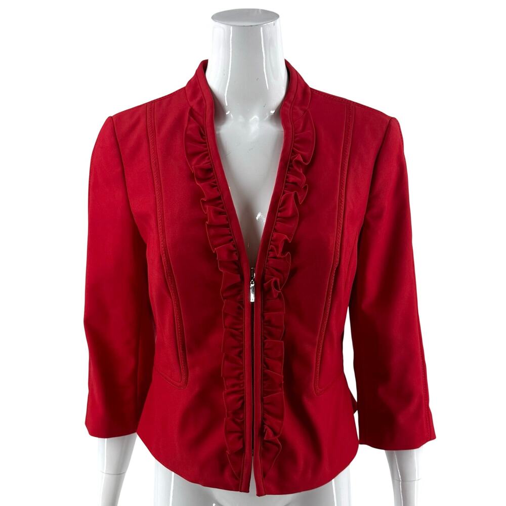 White House Black Market Womens Blazer Jacket Size 10 Red Ruffle Zip Up Career